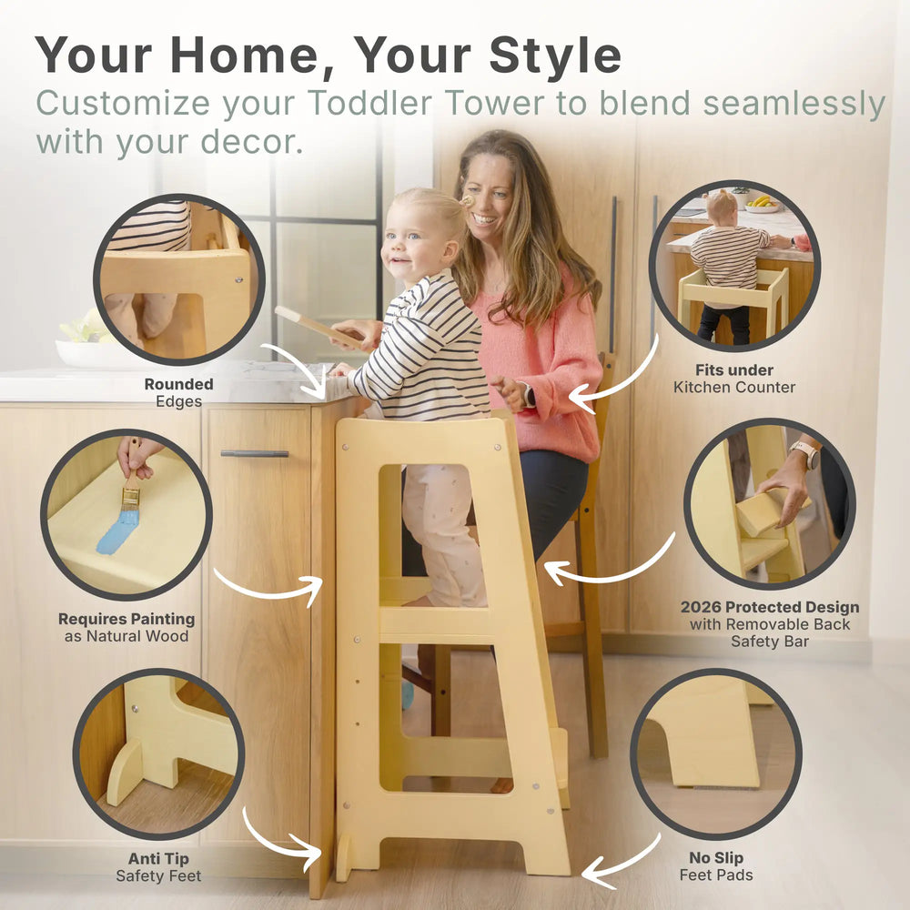 Unser Montessori Kleinkinderturm mit verstellbarer Stufe